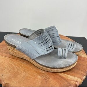 Cordani Strappy Leather Sandals with Cork Wedge Heel toe loop 38 7.5-8 blue